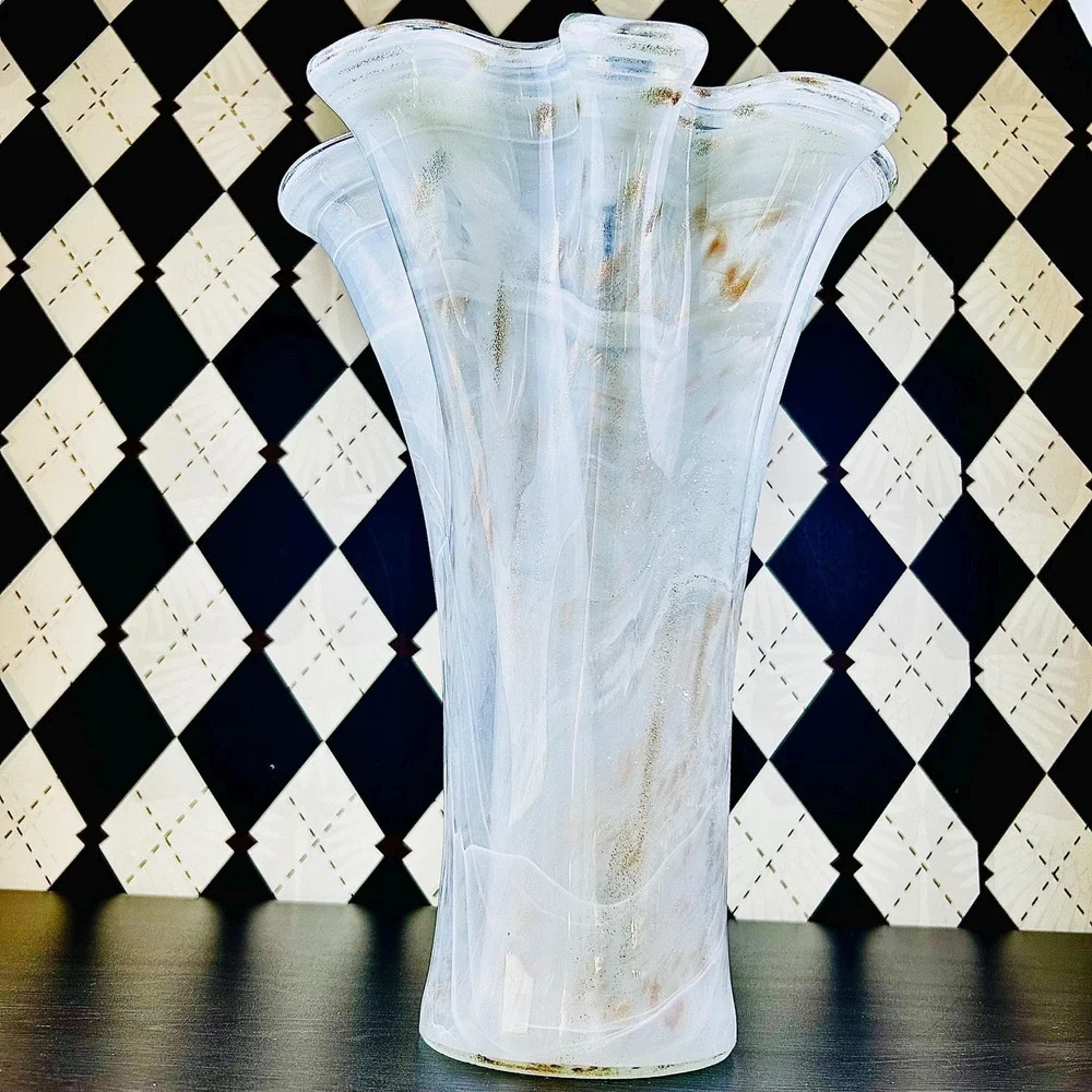 White Opaline Art Glass Vase 15" Ruffled Aventurine‎ Statement - Picture 13 of 17
